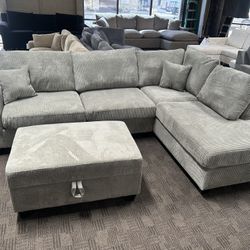 Gray Comfy Corduroy Sectional And Ottoman 