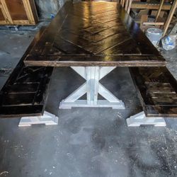 Custom herringbone pattern table and matching Benches