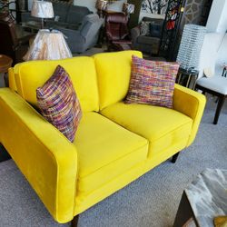 Yellow Velvet Mid-Century Loveseat