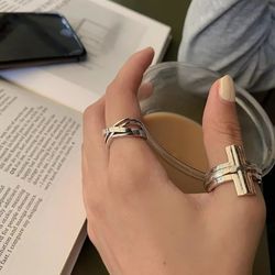 A Set Of 2 925 Sterling Silver Women's Men's Unisex Cuff Rings Ring Bamd Gift