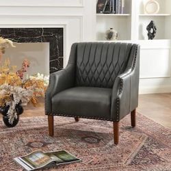 Gray Leather Accent Armchair with Nailhead Trim
