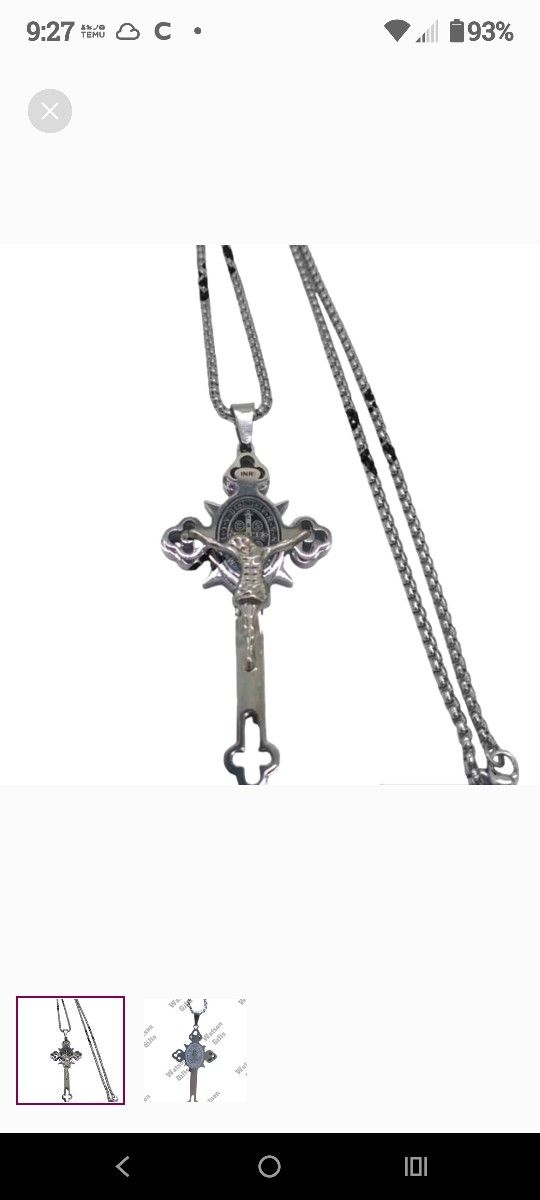 St. Benedict Jesus Crucifix Titanium Chain Pendant Silver Tone