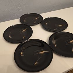 Vintage Japanese Lacquerware Plates With Gold shrimp Desing 