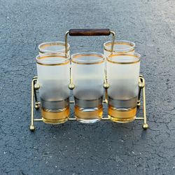 SET of 5 Vintage MCM Culver Gold Silver Striped 22k Highball Glasses Brass Caddy