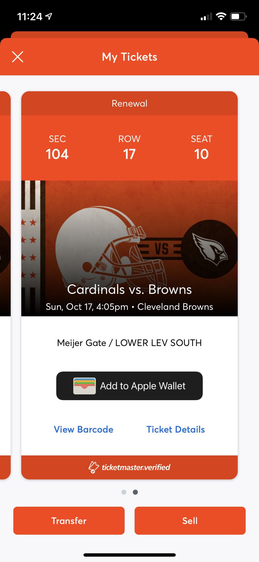 Browns Vs Cardinals tickets SEC-104