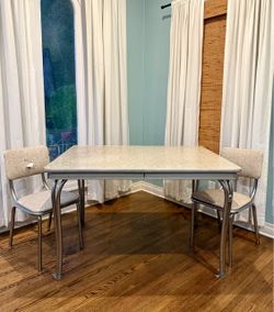 Vintage 1950s Cracked Ice Formica Chrome EXTENSION Dinette Table + 2 Chairs – MCM