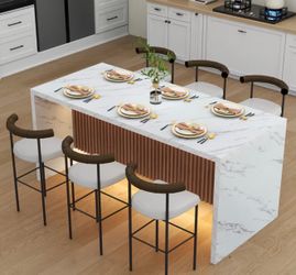 Modern Marble Print Dining Table LED Lighting Wood Accent 67x31.5x35.4in