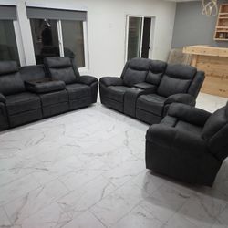 Brand New 3 Pcs Sofa, Love Seat & Chair Glidder Recliner Lestherette Grey $1399