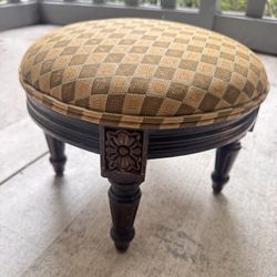 Antique French Petit Point Embroidered Footstool 11.5"Diam × 9.5"H