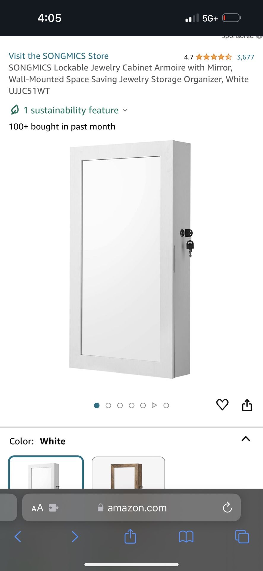 SONGMICS Lockable Jewelry Cabinet Armoire with Mirror, Wall-Mounted Space Saving Jewelry Storage Organizer, White