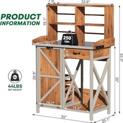 Outdoor Potting Bench with Storage, Garden Work Table with Metal Table Top, Indoor Wooden Work Station w/Side Hooks, Large Shelves, Heavy-Duty Workben