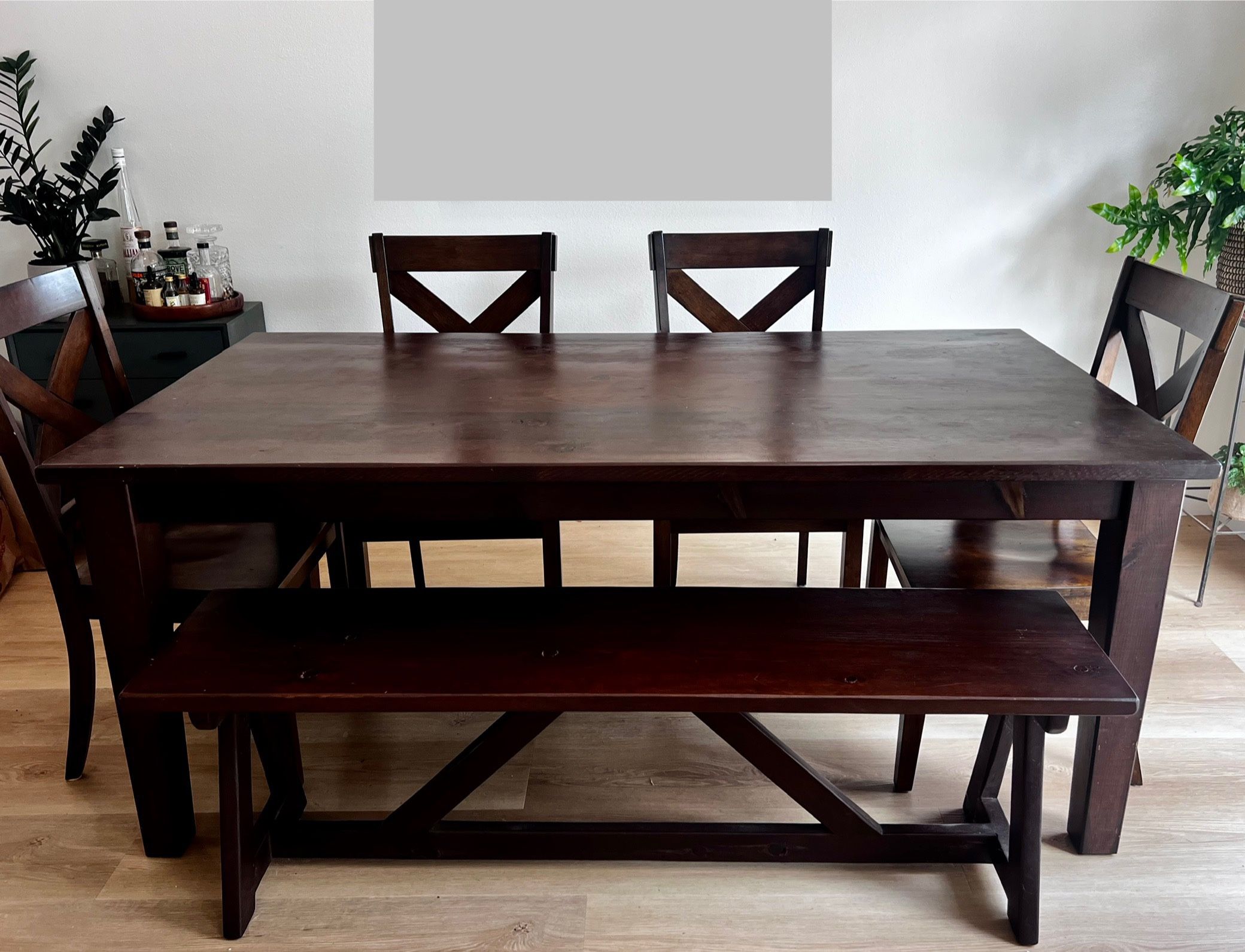 Solid Wood Dining Table Set – Table, Bench & 4 Chairs