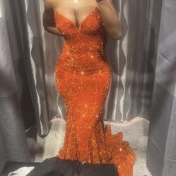 Orange Sequins Strapless Prom Dress + Matching Purse