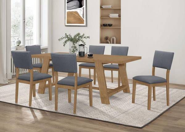 New Modern Mid-Century Modern Dining Set Wood with Wire Brushed Finish Blue Padded Chair