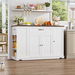 47.2” Kitchen Island With Wheels, Kitchen Cart, White 