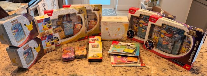Pokemon 30th collection bulk. Booster bundles, Mini tins, Greninja ex tin,Greninja ex box, ETB, Poster collection, Tech stickers