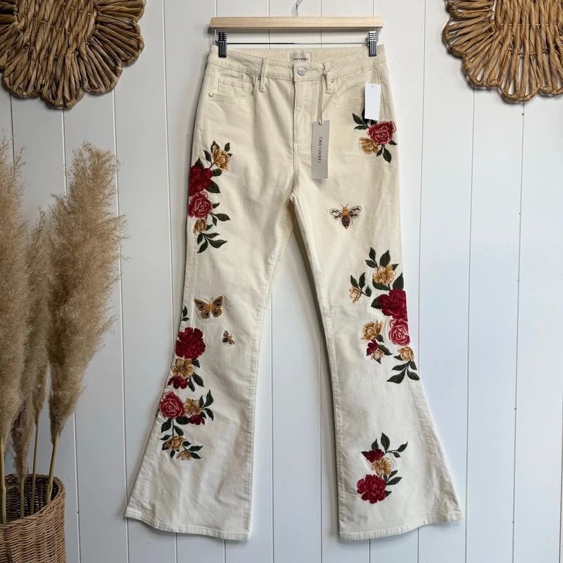 Driftwood x Free People corduroy flare pants high waisted floral embroidery 27