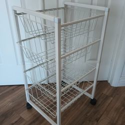 White Metal 4-Tier Storage Basket Rack – Rolling