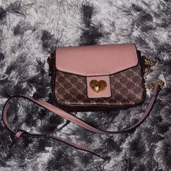 Stylish Pink and Brown Crossbody Purse with Heart Clasp