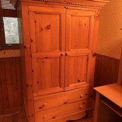 Cabin Style Knotty Pine Large Armoire With Drawers shelves