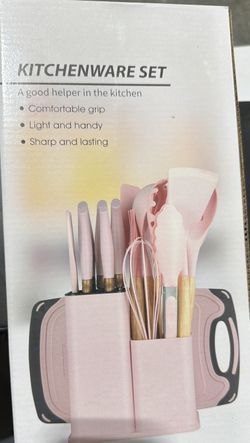Kitchenware Set - Kitchen Knife & Silicone Utensil Set with Storage Holders (Pink / Grey)