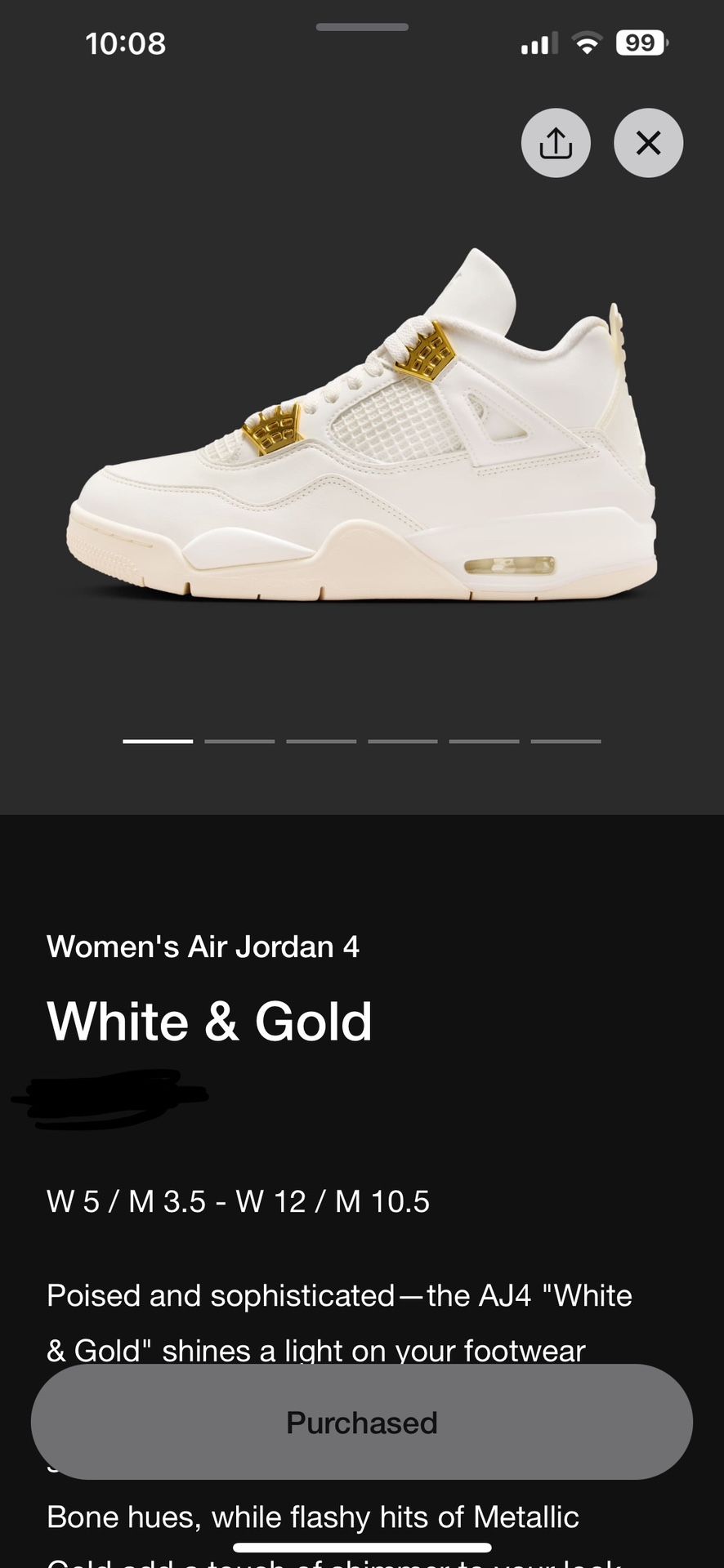 Jordan 4 Retro White gold/ White Metallic Gold Brand New Size 11 Womens/9.5 Men’s $270 Or Best Offer