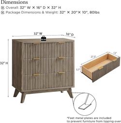 Fluted 3 Drawer Dresser, 32" Tall Modern Chest of Drawers, Curved Profile Design, Wood Drawer Organizer for Bedroom, Living Room, Hallway, Entryway, G