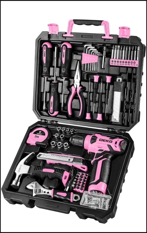 DEKOPRO Drill Set, Home Tool Set with 8V Pink Cordless Drill, Hand Tool Kit for Women, 126 pcs