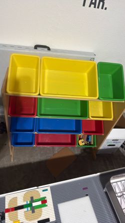 12 colorful bins toddlers toy/books organizer wood rack