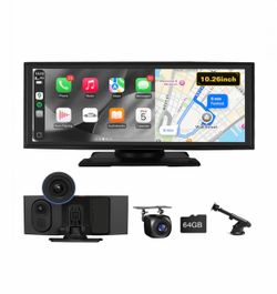 Portable Apple Carplay Android Auto 10.26” Touch Screen, 4K Dash Cam, 1080P Backup Camera, Bluetooth, GPS Navigation, Voice Control FM Radio Stereo