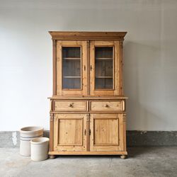 Antique European Pine China Hutch Cabinet 