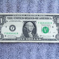 Fancy Binary Repeater Serial Number (contact info removed)1 U.S. One $1 Dollar Bill 2017 A