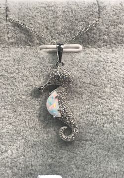 Sterling Silver White Opal with CZ Sea Horse Pendant with adjustable 16-18” Chain
