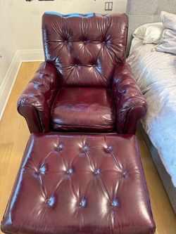 Vintage style Chesterfield style arm chair with ottoman Tufted in a Gorgeous genuine burgundy shiny leather