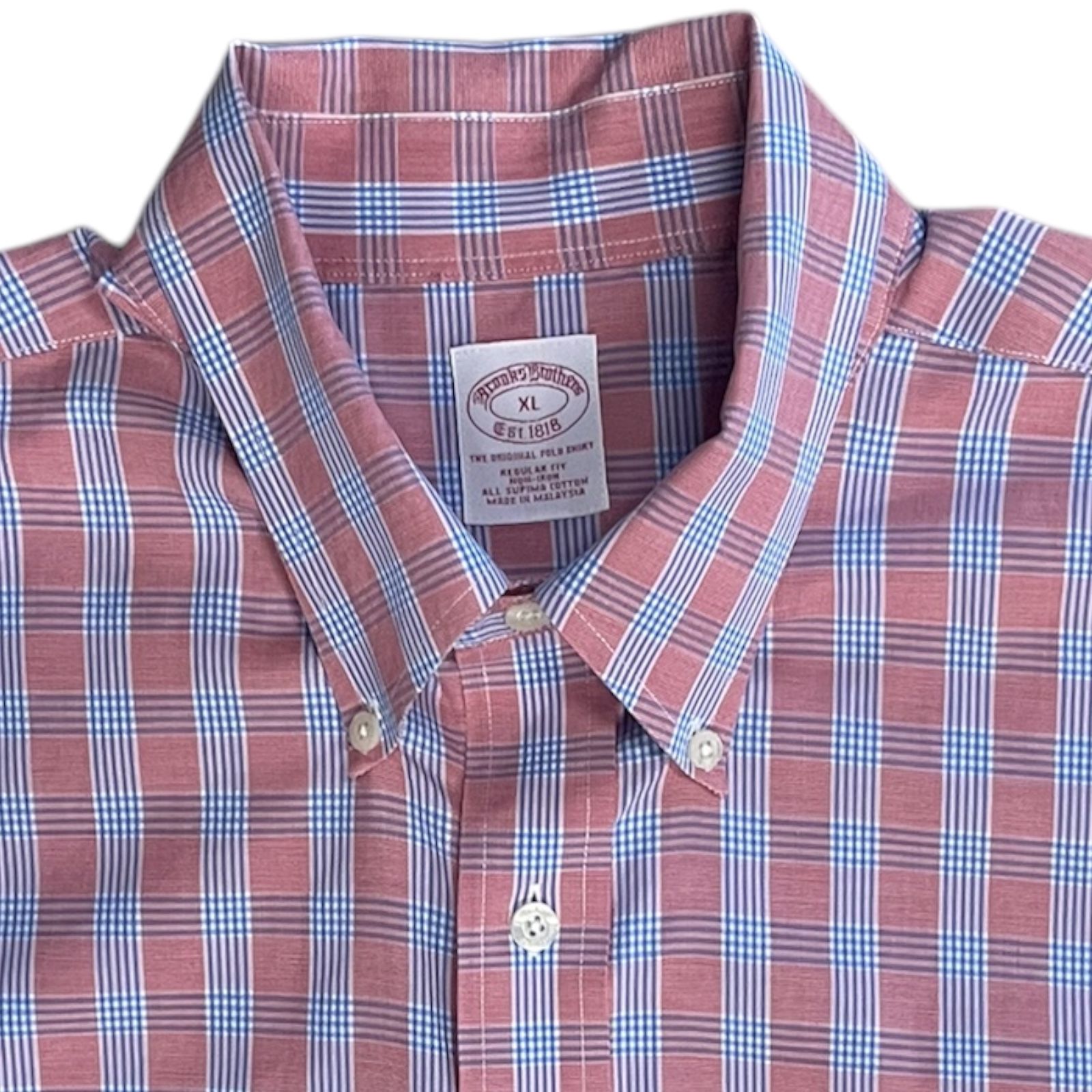 BROOKS BROTHERS Pink and Blue Plaid Short Sleeve Shirt Men’s Size XL