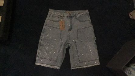 Rhinestone Embellished Denim Carpenter Shorts
