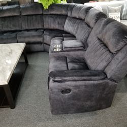 Brand New 95" × 85" Blue Gray Linen Manual Reclining Sectional