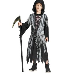 Kids Boys Halloween Grim Reaper Costume, Skeleton Bones Hooded Robe size 3/4t