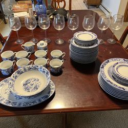 Bristol House China and 8 gold rim wine gobblets