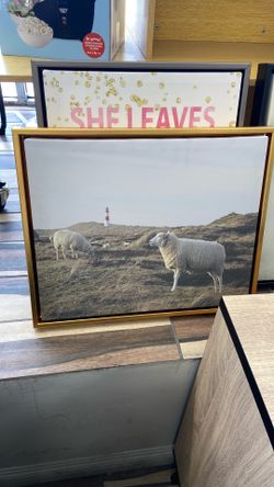 Framed Canvas Art - Sheep and Lighthouse Coastal Landscape