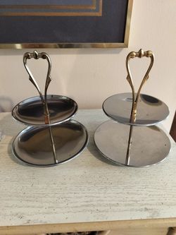 Vintage Pair of Kromex Tidbit 2-Tier Chrome Gold Handle MCM Serving Tray Stands