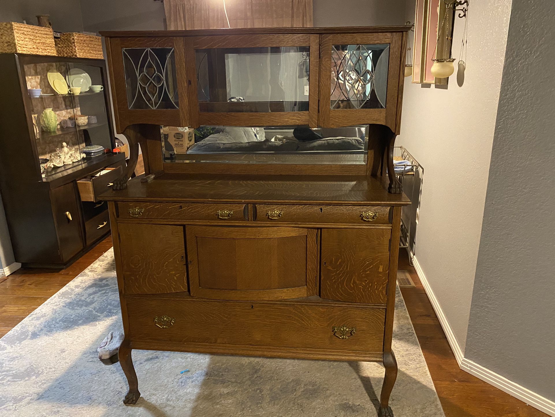 antique tigerwood dresser with mirrored hutch-price firm