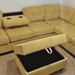 Mustard Water Resistant Fabric Reversible Sectional With Cup Holder And Storage Ottoman. Brand New.