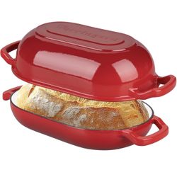 Loaf Cast Iron Bread Pan for Homemade Bread Baking, Meatloaf Pan with Lid, 5QT, Red