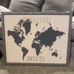 Framed "Adventure Awaits" World Map Wall Art Decor