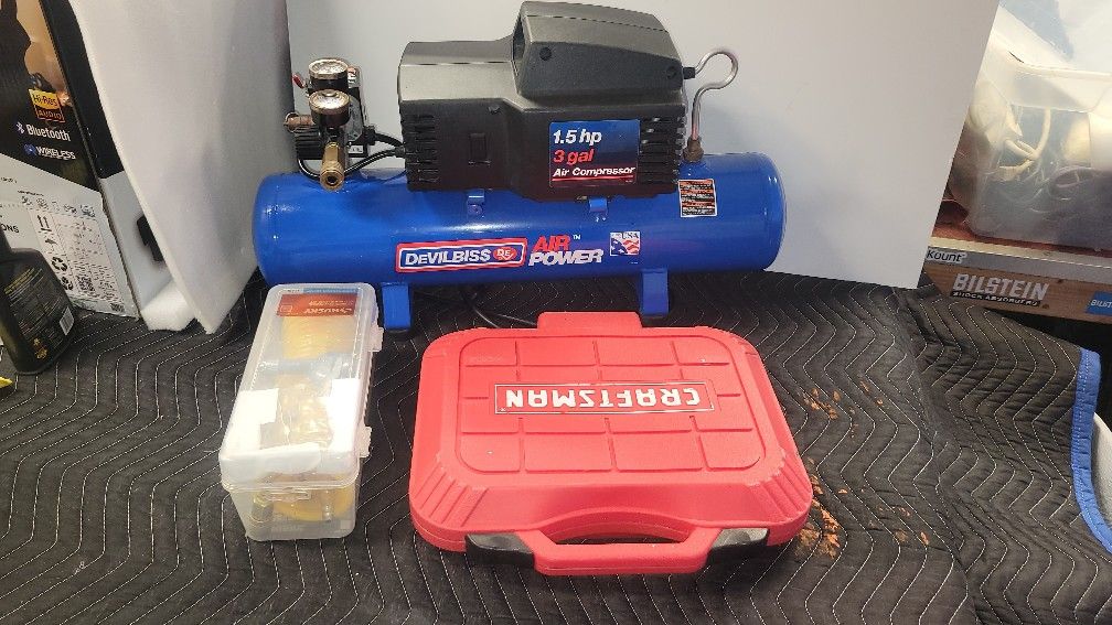 DeVilbiss 3 Gallon Air Compressor W/ Brad Nailer & Starter Accessories