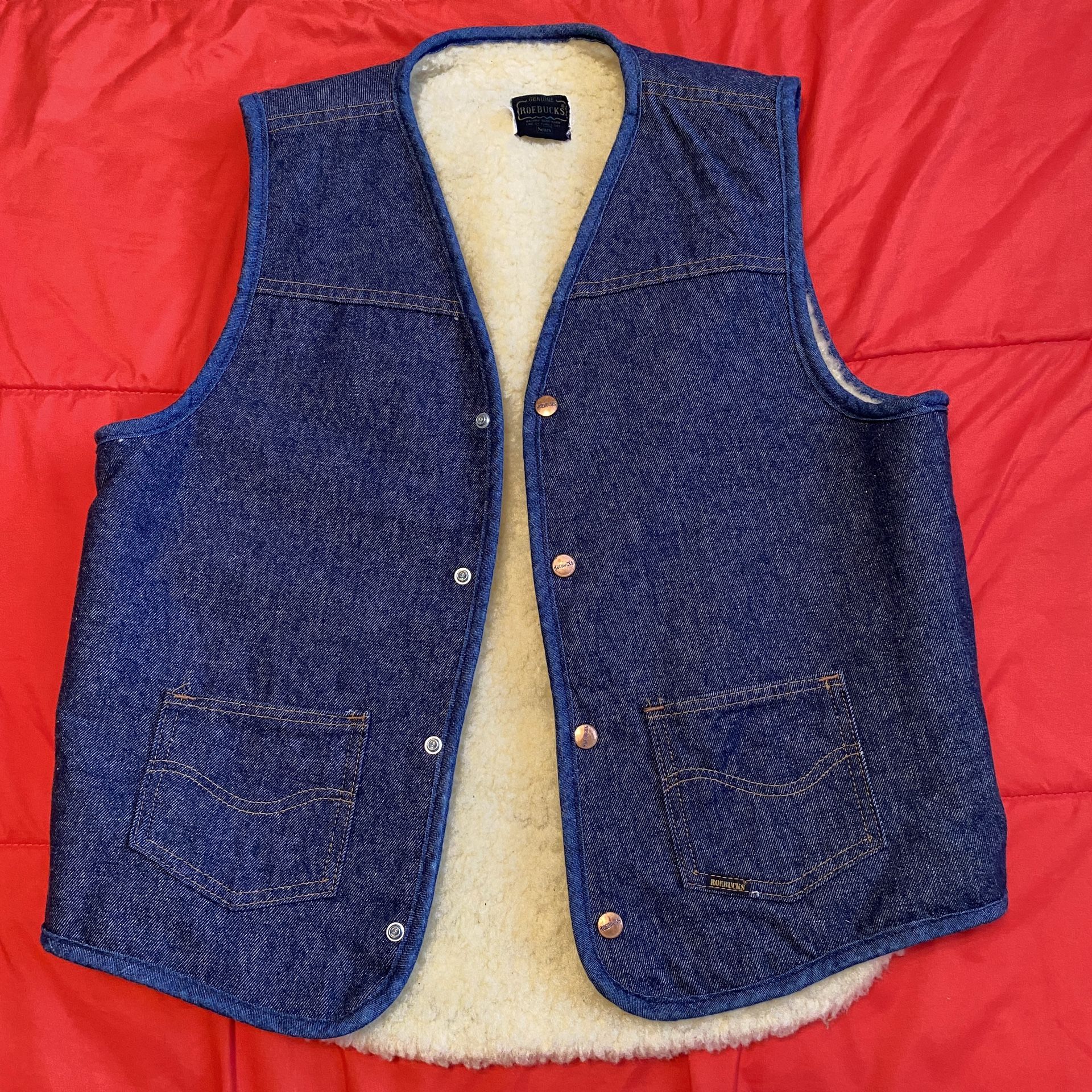 Vintage Sears Roebuck Denim Shearling Vest Mens Tall L Western Work USA Made 70s