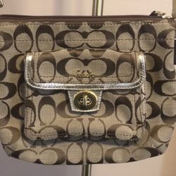 Coach Crossbody Bag With Front Pocket & Taupe & Gold Trim