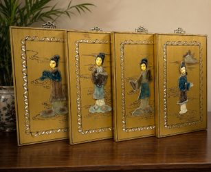 Vintage Hong Kong Gold Lacquer Mother of Pearl Wall Panels Set 4 Asian Art