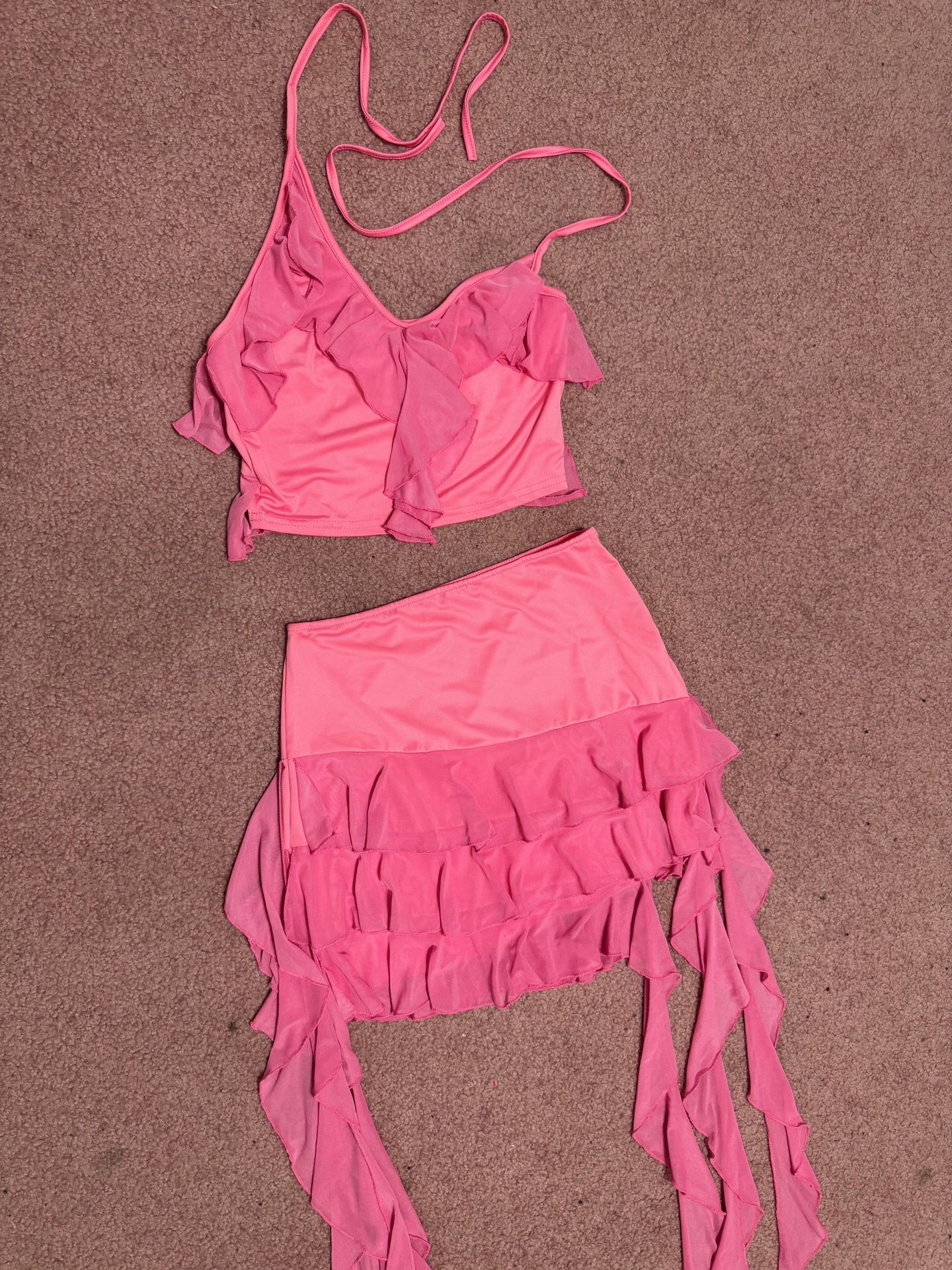 New small pink short stretchy skirt top outfit rave festival set crop halter